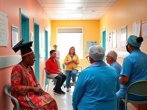 밝은 색상의 병원 내부, 환자가 의료진과 상담하며 치료비 선지급 서비스에 대해 문의하는 장면