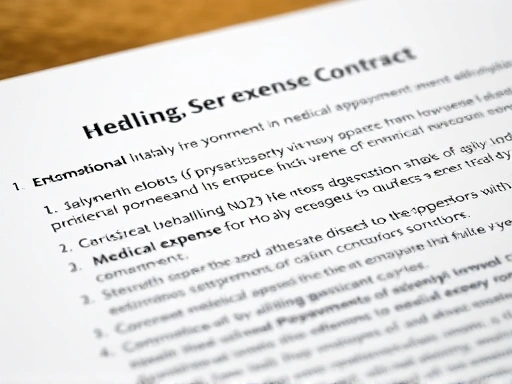 치료비 선지급 서비스 계약서의 클로즈업, 주요 조항들이 강조되고 빛이 부드럽게 비추어 신뢰감과 안정감을 주는 장면