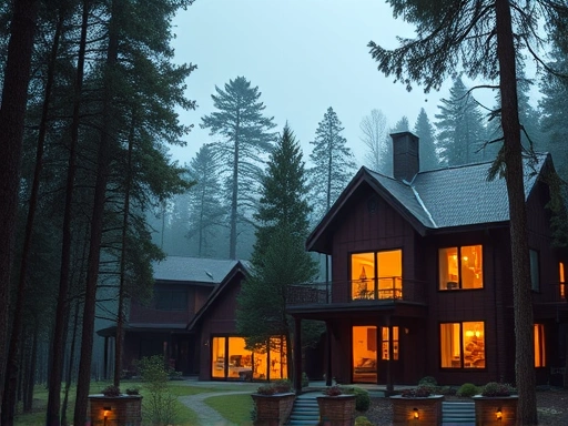 한적한 숲속에 위치한 현대적인 펜션의 전경을 담은 이미지