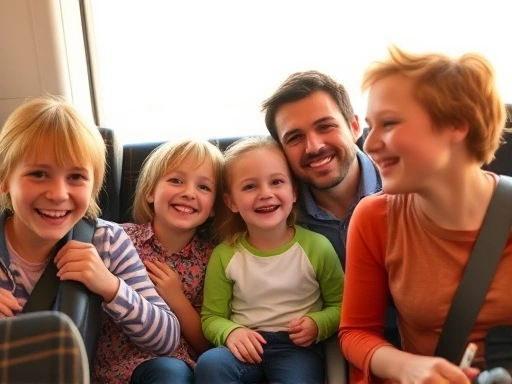 여행 중 즐거운 시간을 보내는 가족의 활기찬 이미지