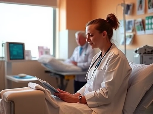 한 여성이 해외 여행 중 응급 상황 발생하여 병원에서 치료를 받는 장면