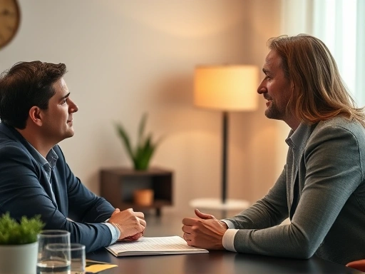 보험 상담가가 고객에게 실손보험 갱신율 특징을 설명하는 장면