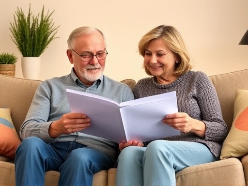 40대 50대가 편안하게 소파에 앉아 보험 서류를 검토하며 미래를 계획하는 모습
