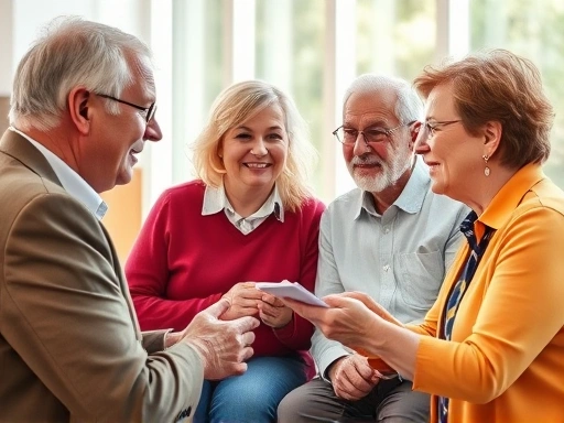 40대 50대가 전문가와 함께 보험 상담을 받으며 궁금한 점을 질문하고 설명을 듣는 모습