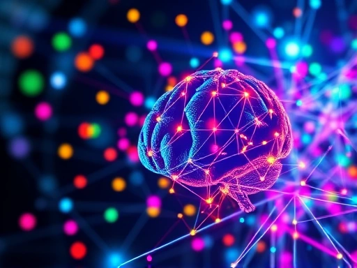 AI 언더라이팅 시스템의 데이터 분석 과정을 시각적으로 묘사, 다채로운 색상과 복잡한 연결망을 사용하여 AI의 지능적이고 역동적인 특성을 강조하는 이미지