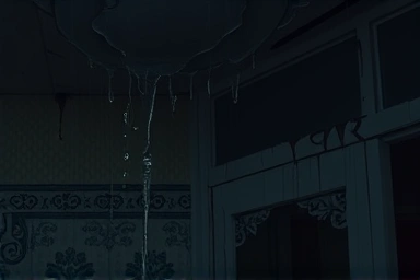 물이 떨어지는 천장과 젖은 벽지를 클로즈업하여 촬영하여 누수 피해의 심각성을 강조하고, 어둡고 축축한 환경을 조성하여 절망적 분위기