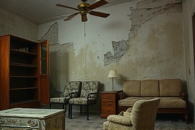 손상된 가구와 곰팡이가 핀 벽을 보여주어 피해의 범위를 나타내고, 부드러운 조명과 따뜻한 색상을 사용하여 안타까운 감정을 불러일으키는 두 번째 이미지