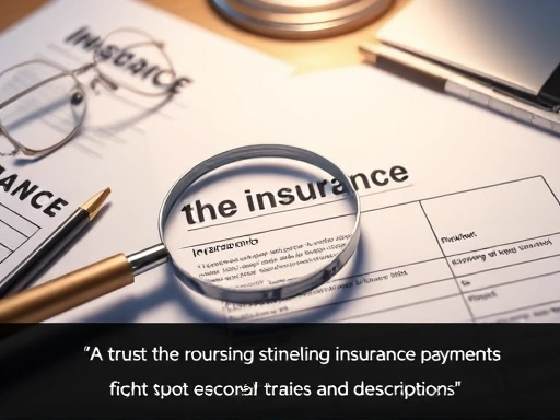 보험 서류와 돋보기를 사용하여 보험금 지급 시기를 검토하는 장면