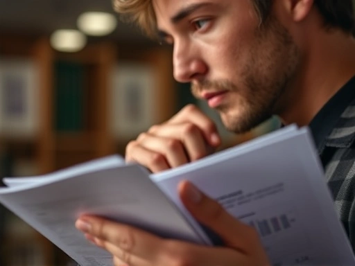 서류를 들고 고심하는 사람의 클로즈업, 복잡한 심경을 나타내는 흐린 배경과 집중된 조명