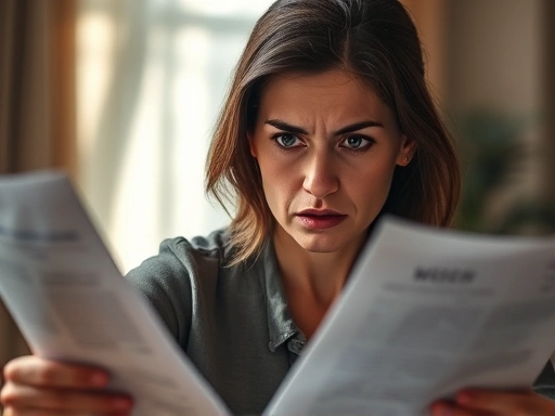 한 여성이 걱정스러운 표정으로 서류를 들여다보고 있으며, 그녀의 얼굴에는 근심과 불안함이 가득 차 있습니다.