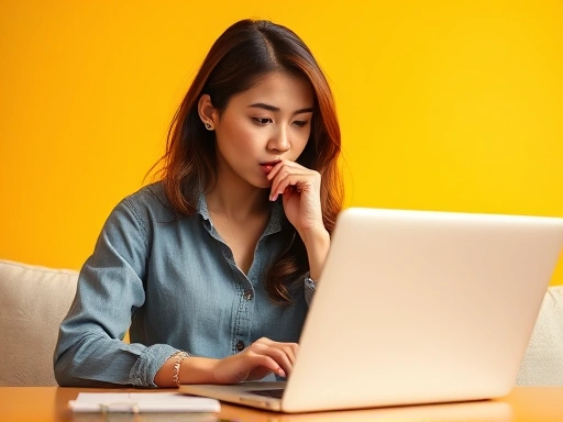 한 여성이 노트북을 보며 보험 설계를 고민하는 모습