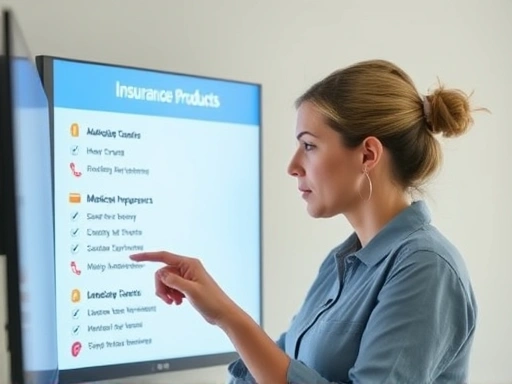 한 여성이 다양한 보험 상품이 나열된 화면을 보며 신중하게 고민하는 장면