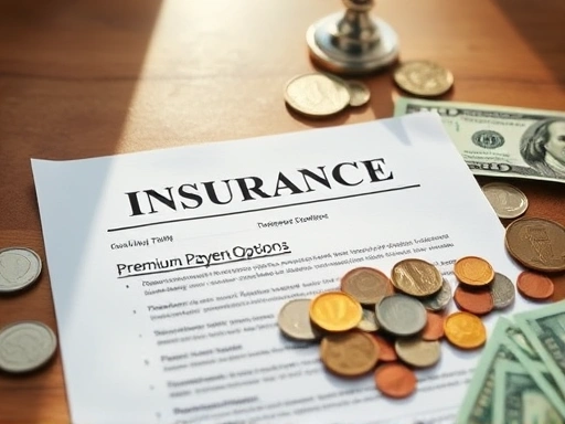 다양한 동전과 지폐가 놓여진 테이블 위에 보험 계약서가 놓여 있는 장면