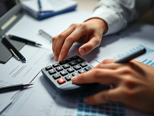 손이 계산기 버튼을 누르고 있고, 다른 손은 메모지에 숫자를 적고 있는 클로즈업 장면