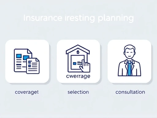 보험 설계의 주요 단계를 나타내는 아이콘(재정 분석, 보장 선택, 전문가 상담)을 클로즈업하여 보여줍니다.