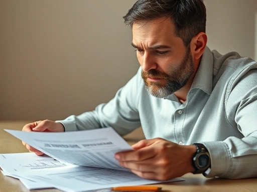한 남자가 보험 서류를 주의 깊게 검토하고 있으며, 그의 얼굴은 신중함과 걱정을 동시에 드러내고 있습니다.