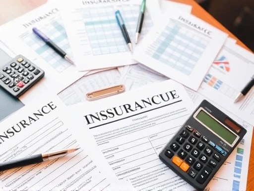 다양한 보험 서류와 계산기가 놓여 있는 테이블을 보여주는 이미지