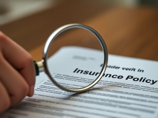 돋보기로 보험 정책의 핵심 조항을 검토하는 손의 클로즈업은 세부 사항과 신중한 분석에 대한 관심을 강조하고, 차분한 색상 팔레트와 초점이 맞춰진 조명을 사용하여 집중력과 명확성을 높입니다.