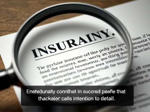 돋보기로 보험 약관의 작은 글씨를 확대하여 보여주는 클로즈업 샷, 세부 사항에 대한 주의를 환기시키는 감정적 맥락을 강조하는 두 번째 이미지