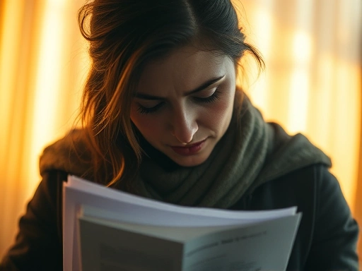 한 여성이 슬픔에 잠겨 있지만, 그녀의 얼굴에는 결연함이 엿보입니다.