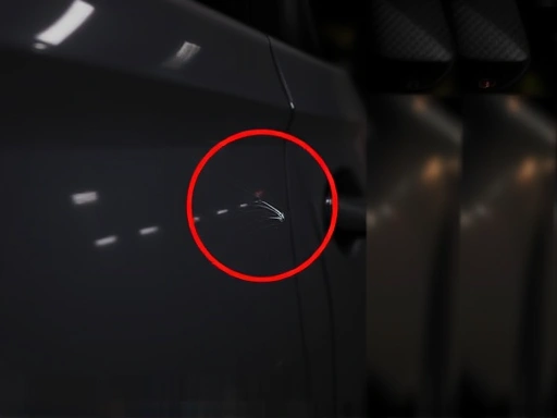 주차된 차량의 측면을 클로즈업하여 문콕으로 인한 흠집을 보여주는 사진.