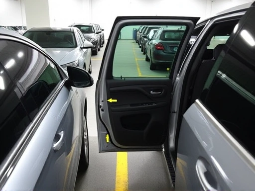 주차된 차량의 측면을 넓게 보여주는 사진으로, 차량 주변에 다른 차량들이 주차되어 있어 주차 공간이 협소함을 나타낸다.