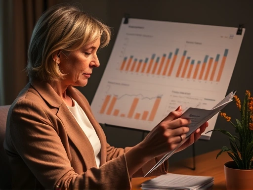 한 여성이 복잡한 재무 차트와 그래프를 보며 신중하게 연금보험 해약 여부를 고민하는 모습