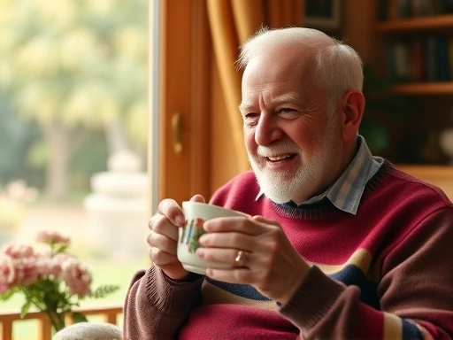 한 노인이 따뜻한 색감의 집에서 편안하게 차를 마시며 미소짓고 있다.