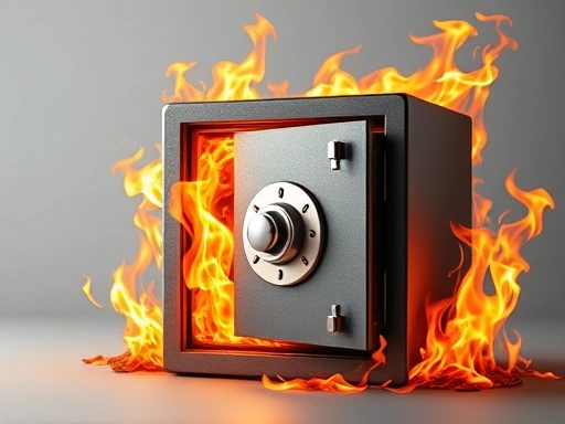 안전한 금고와 그 주위에 위험을 상징하는 불꽃 이미지