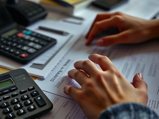 계산기와 서류가 놓인 책상, 해결책을 찾는 손길을 클로즈업하여 고금리 대출 문제를 해결하기 위한 분석과 노력을 강조, 진지하고 신중한 감정적 맥락을 부각합니다.