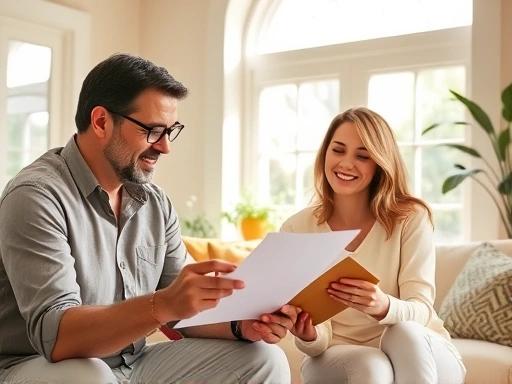 밝은 햇살이 드는 거실에서 공동명의자들이 서류를 검토하며 미소짓고 있습니다.