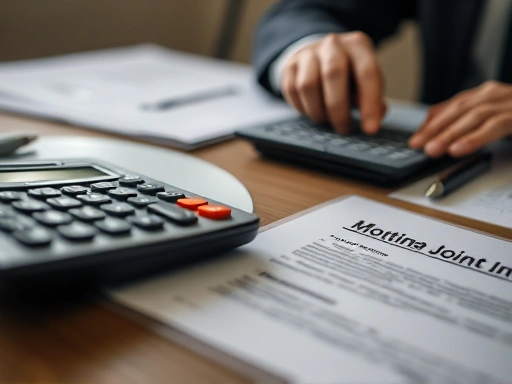 계산기와 서류가 놓인 테이블을 클로즈업하여, 공동명의 주택담보대출의 복잡성과 신중한 고려가 필요함을 강조합니다.