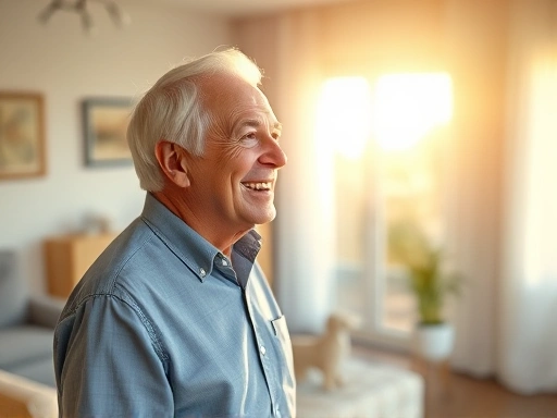 한 노인이 편안한 집에서 창밖을 바라보며 미소짓고 있으며, 따뜻한 햇살이 쏟아지는 거실은 안정감과 평화를 상징하며, 부드러운 색감과 섬세한 디테일로 따뜻하고 희망찬 분위기