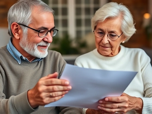 노년 부부가 집에서 서류를 검토하며 대화하는 모습