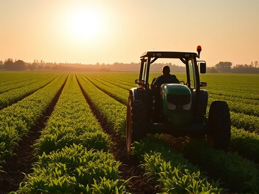 푸른 농경지를 배경으로, 햇빛이 따뜻하게 내리쬐는 가운데 농업인이 트랙터를 운전하며 풍요로운 수확을 준비하는 모습