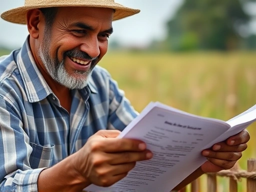 농업인이 대출 서류를 꼼꼼히 검토하며 미소짓는 클로즈업 장면