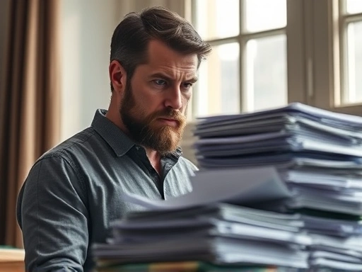 {한 남자가 복잡한 서류 더미 앞에서 고민에 잠긴 모습