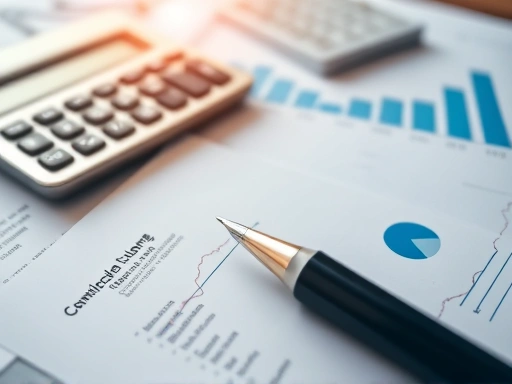 {계산기와 그래프가 놓인 책상 위, 서류들이 펼쳐져 있고, 펜이 놓여 있다.