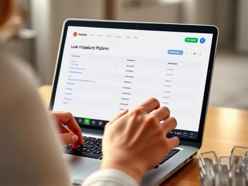 대출 비교 플랫폼 웹사이트를 노트북 화면에 띄워놓고, 다양한 대출 상품 정보를 꼼꼼히 비교 분석하는 여성의 손.