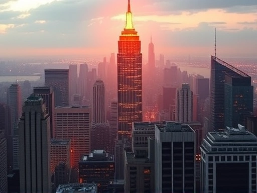 탁 트인 도시 스카이라인을 배경으로, 빛이 부드럽게 건물을 감싸며 금융 지구의 번영과 안정감을 상징하는 첫 번째 이미지