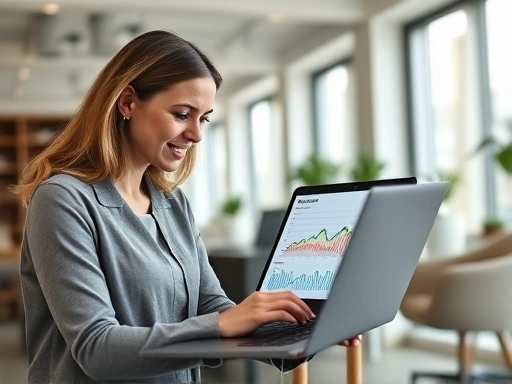 탁 트인 사무실 공간에서 한 여성이 노트북으로 금융 정보를 검토하며 대환대출 가능성을 신중하게 분석하는 장면