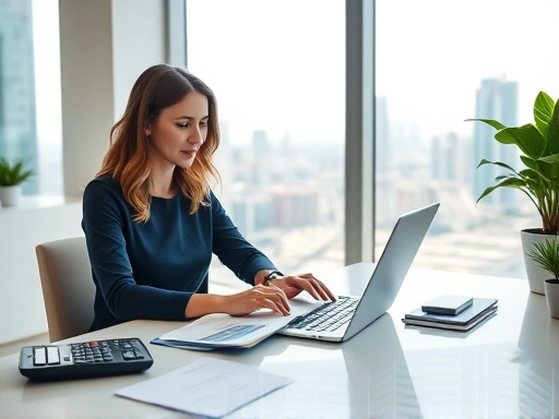 밝고 현대적인 스타일의 사무실 공간에서, 한 여성이 노트북을 사용하여 재정 계획을 세우는 장면