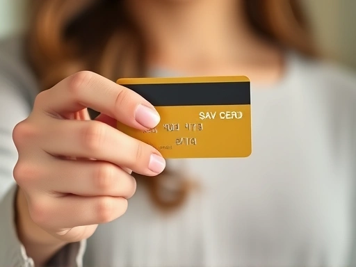 여성의 손이 신용카드를 쥐고 있는 클로즈업 샷으로, 배경은 흐릿하게 처리되어 있습니다.
