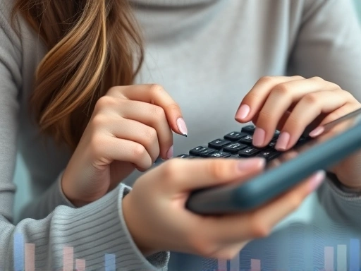 여성이 계산기를 사용하여 대환대출 조건을 꼼꼼히 따져보는 클로즈업 이미지