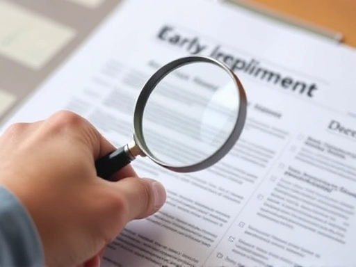 돋보기로 서류를 확대하여 꼼꼼히 확인하는 손을 클로즈업하여, 대환대출 시 중도상환 수수료 확인의 중요성을 강조합니다.