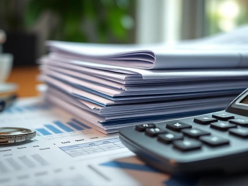 클로즈업된 서류 더미와 계산기, 재정적 계획과 관리를 상징하는 세부 이미지