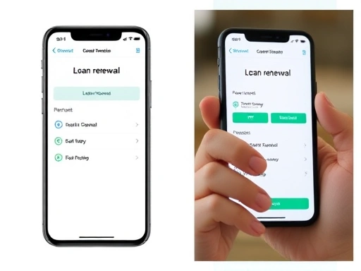 스마트폰 앱에서 대출 갱신 관련 메뉴를 확대하여 보여주고, 사용자의 편리성을 강조하는 클로즈업 촬영으로 기술적인 안정감을 전달하는 두 번째 이미지