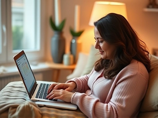 한 여성이 집에서 노트북으로 금융 앱을 사용하는 모습
