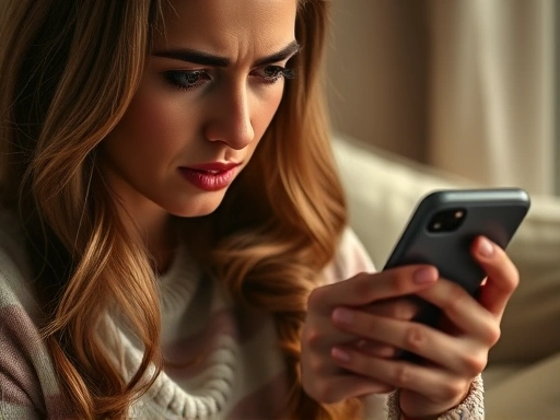 {한 여성이 스마트폰으로 은행 앱을 보며 마이너스통장 잔액을 확인하고, 걱정스러운 표정을 짓고 있습니다.