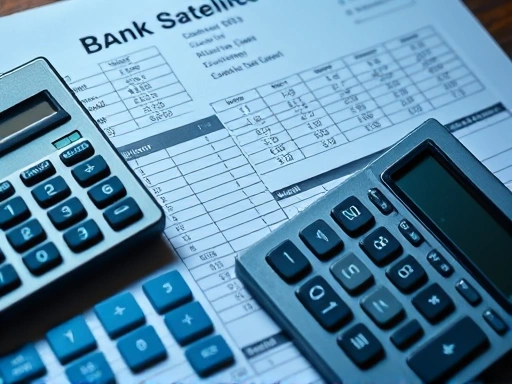 {클로즈업 샷으로, 복잡한 가계부와 계산기가 놓여 있으며, 그 위에 마이너스통장 명세서가 놓여 있습니다.